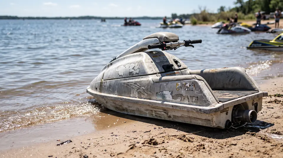Older stand-up jet ski with sun-faded, scraped hull sides and peeling stickers pulled up on beach sand