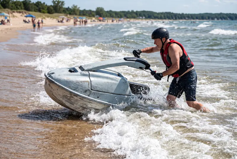 Rider flipping a tipped-over stand-up jet ski upright in the shallows, its faded hull side scraped