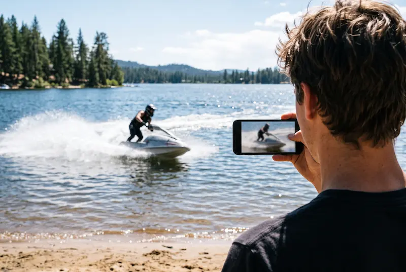 Friend filming a rider on a phone, the stand-up jet ski on screen looking faded and scuffed