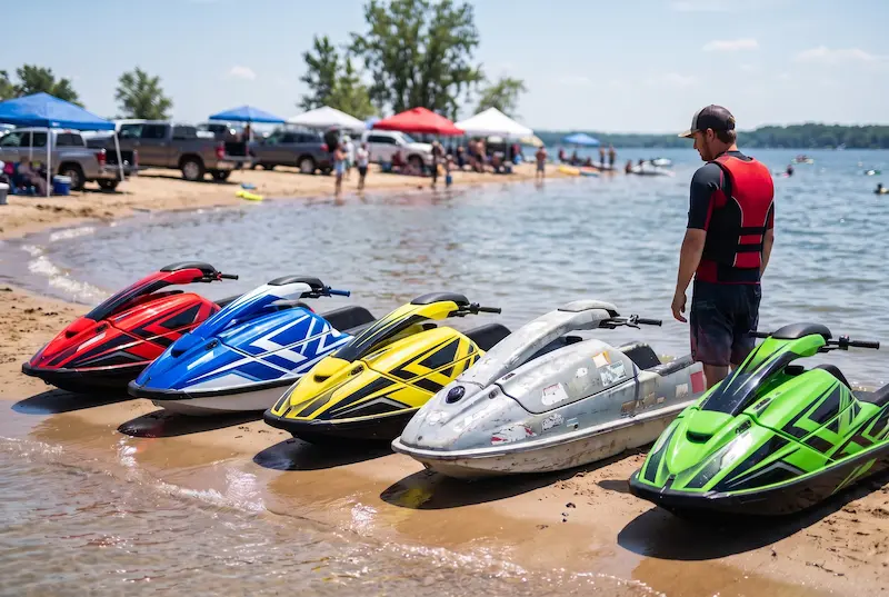 Stand-up jet skis lined up on the beach at a ride day, most in fresh bold graphics, one faded and scraped